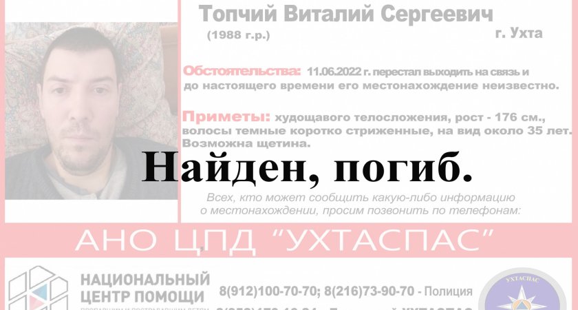 Житель Коми, который пропал 11 июня, найден погибшим