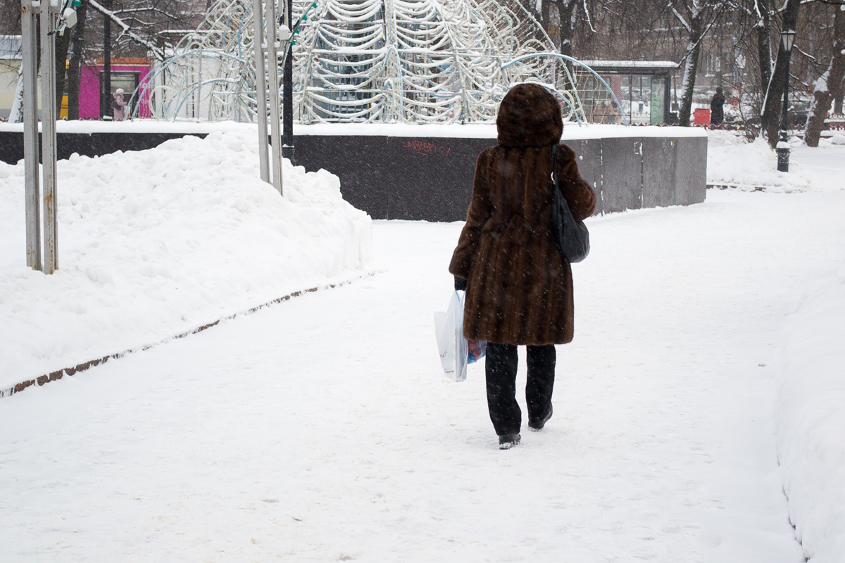Девушка в норковой шубе со спины на улице зимой