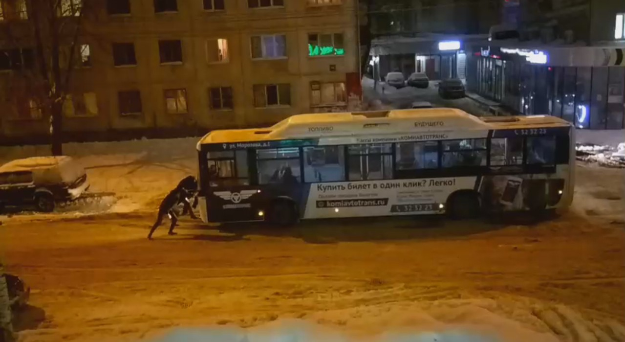 В центре Сыктывкара пассажиры сами толкали автобус, который застрял в снежной каше (видео)