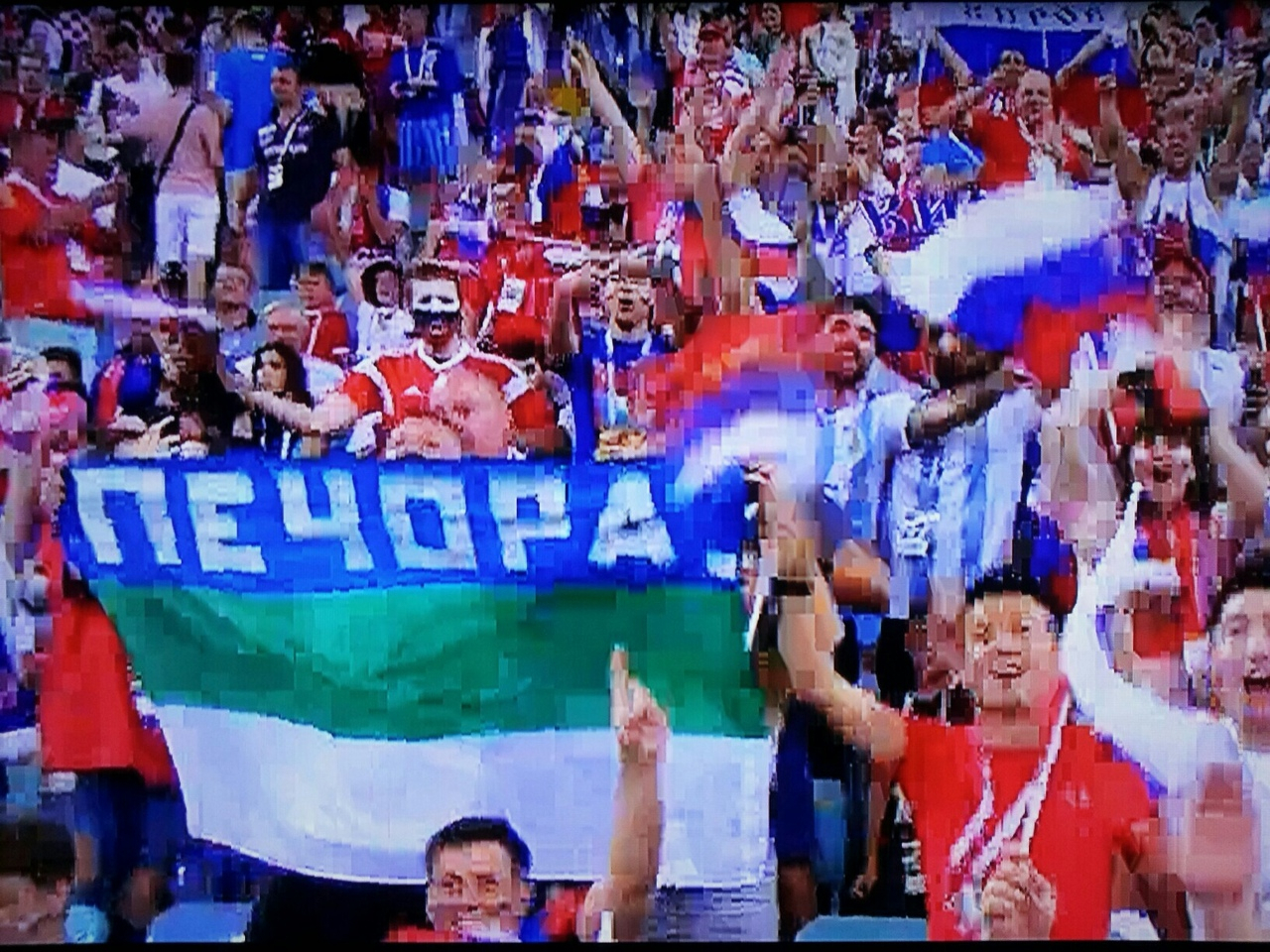 Флаги Коми развернули на трибуне матча Россия-Хорватия на ЧМ-2018