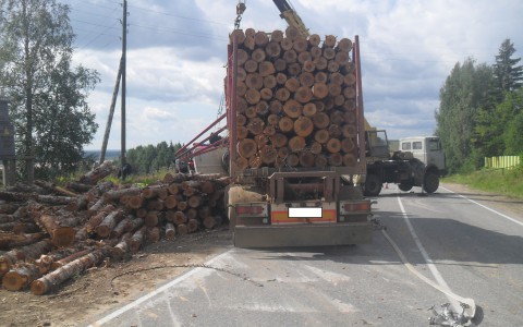 В Коми опрокинулся лесовоз с бревнами: есть пострадавший
