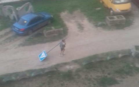 Девушка выгуливала дорожный знак по улицам Сыктывкара (фото)