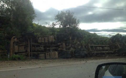 В Коми опрокинулся груженый лесовоз