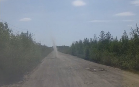 В Коми дорогу автомобилю перегородил смерч (видео)