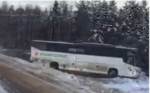 В Коми автобус вылетел с трассы в придорожную канаву и застрял там (видео)