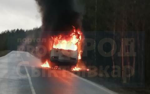 «Почувствовали запах дыма»: в Коми посреди трассы вспыхнул пассажирский автобус
