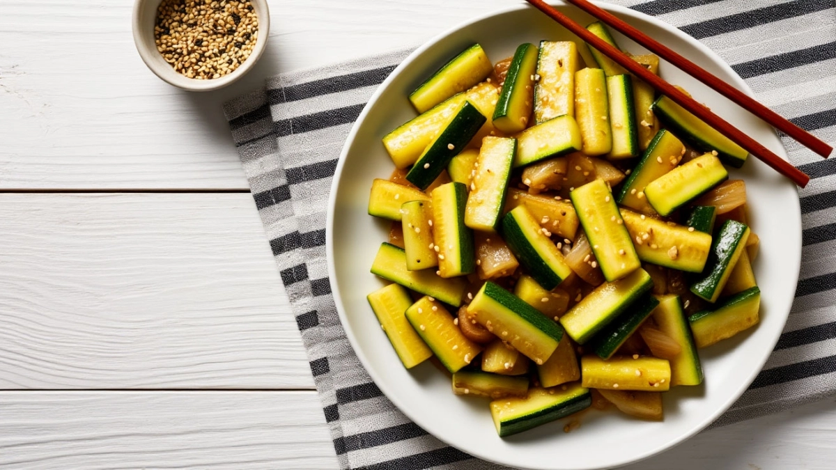 Кабачки по-японски с луком и соевым соусом