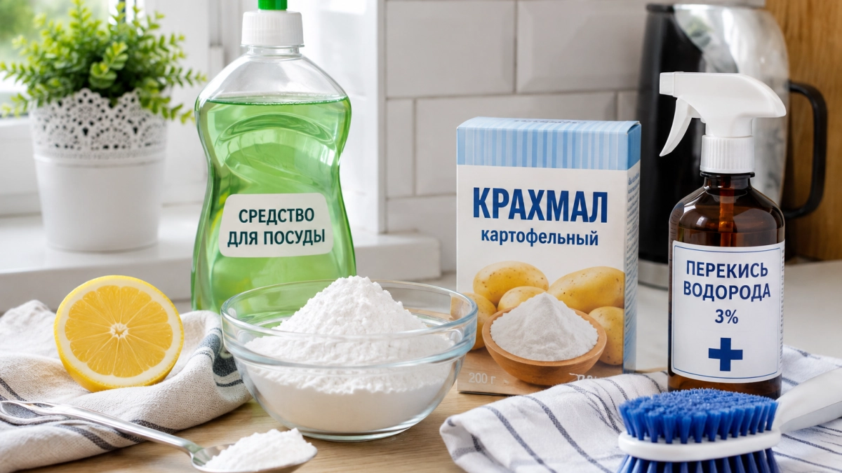 Домашние «усилители чистоты»: крахмал + средство для посуды, лимон от налёта и перекись для откосов
