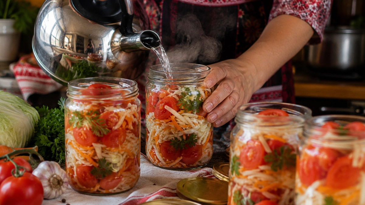 Закрываю по 50 банок — невероятно вкусный рецепт с помидорами и капустой по-славянски: просто заливаю кипятком