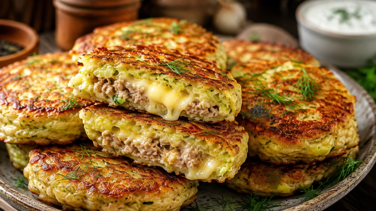 Самые вкусные кабачковые оладушки — двойные: внутри фарш + сыр, а снаружи — румяная корочка