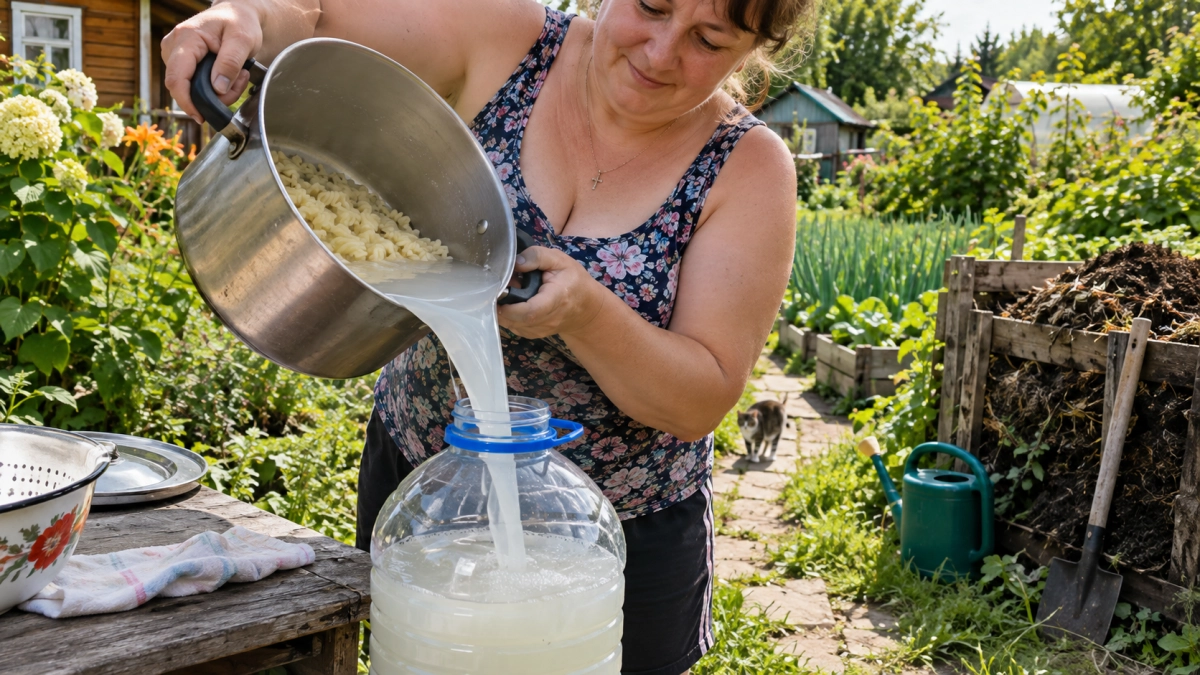 Воду после варки макарон сливаю в 5-литровые пластиковые бутылки — отвезу на дачу: накормлю растения и компост