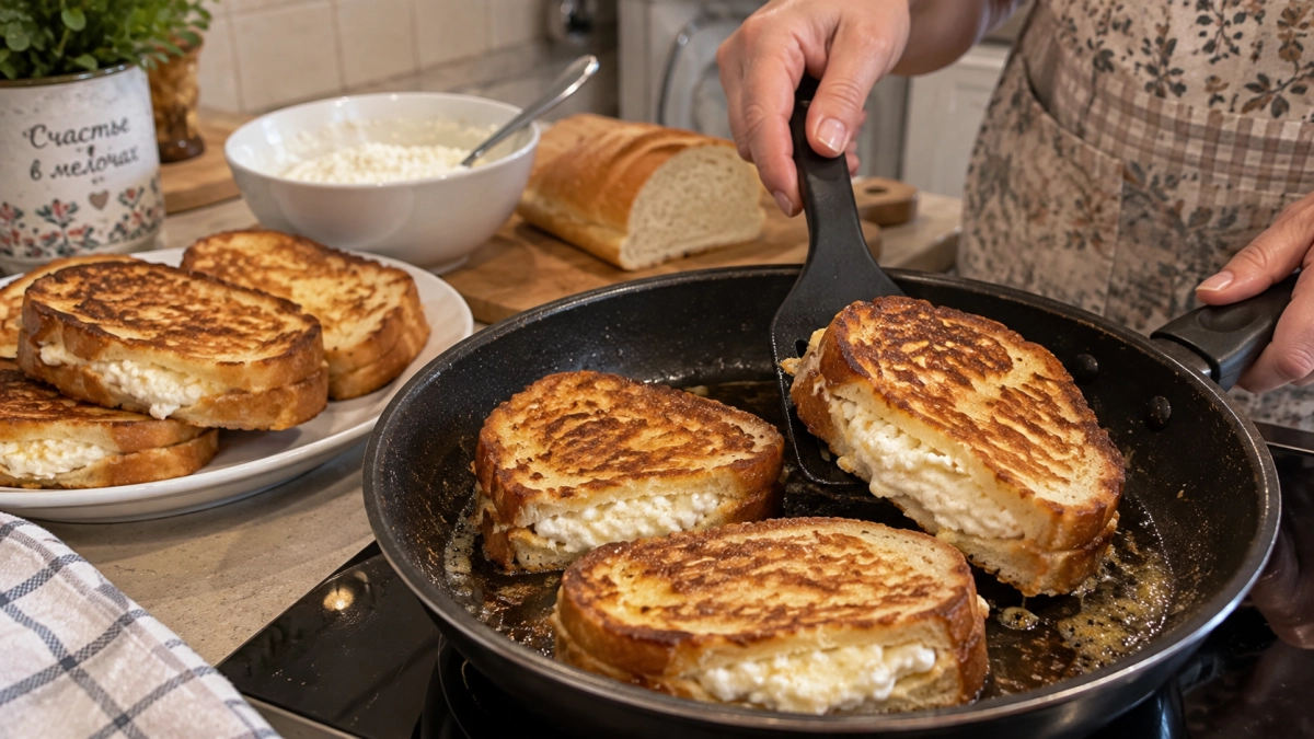 Сырники отдыхают: начиняю батон творогом и отправляю на сковороду — корочка хрустит, внутри нежный крем