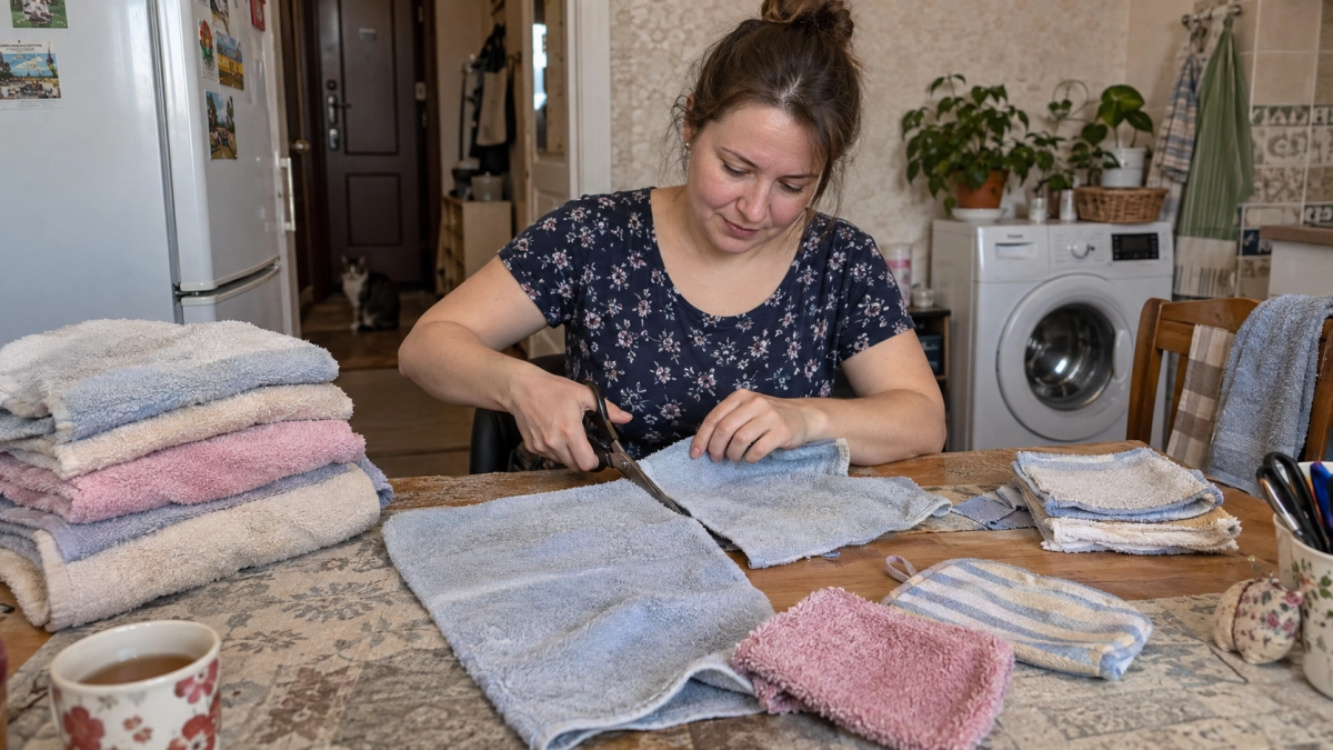 Потрёпанные полотенца больше не летят в мусор: режу и переделываю — получаются 3 полезные вещи