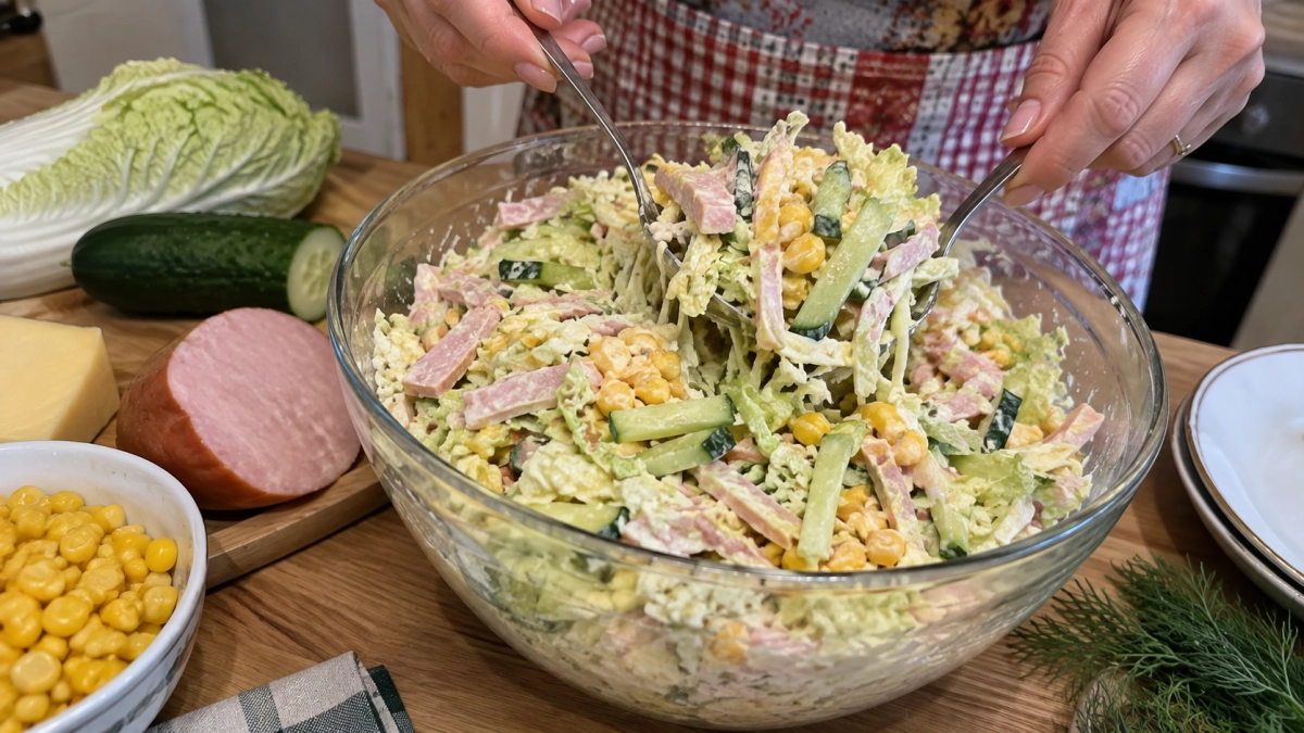 Беру пекинку и 1 огурец — получаю салат вкуснее оливье: смешал за 5 минут — и можно ставить на праздничный стол