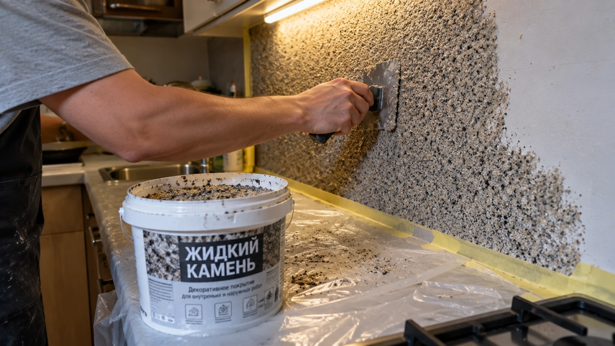 Беру банку жидкого камня — и прямо на кухонный фартук: дома ему нашлось ещё 5 неожиданных работ