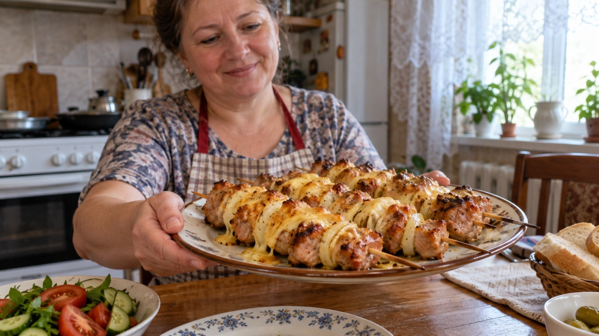 Вместо мяса по-французски — порционные шашлычки из свинины: удобно брать, а со стола улетают моментально