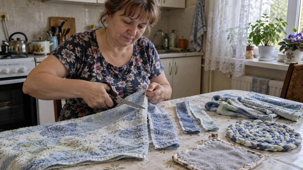 Потрёпанные полотенца больше не летят в мусор: режу и переделываю — получаются 3 полезные вещи