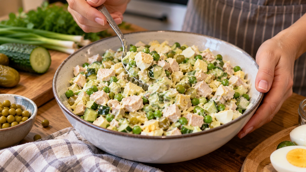 Не майонезный оливье, а вкус почти тот же: лёгкий салат из обычных продуктов съедают первым