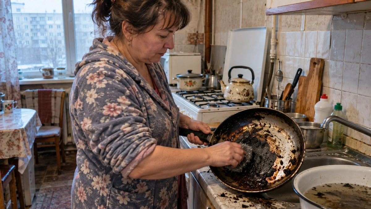 Старую сковороду не скребу часами: сначала размягчаю нагар — потом он снимается кусками