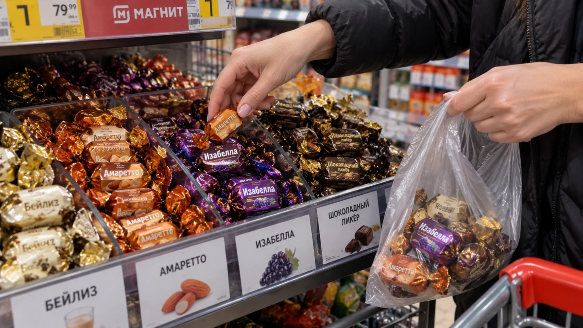 Весовые конфеты из «Магнита» удивили серединкой: в одном пакете сразу «Амаретто», «Бейлиз», «Изабелла» и шоколад