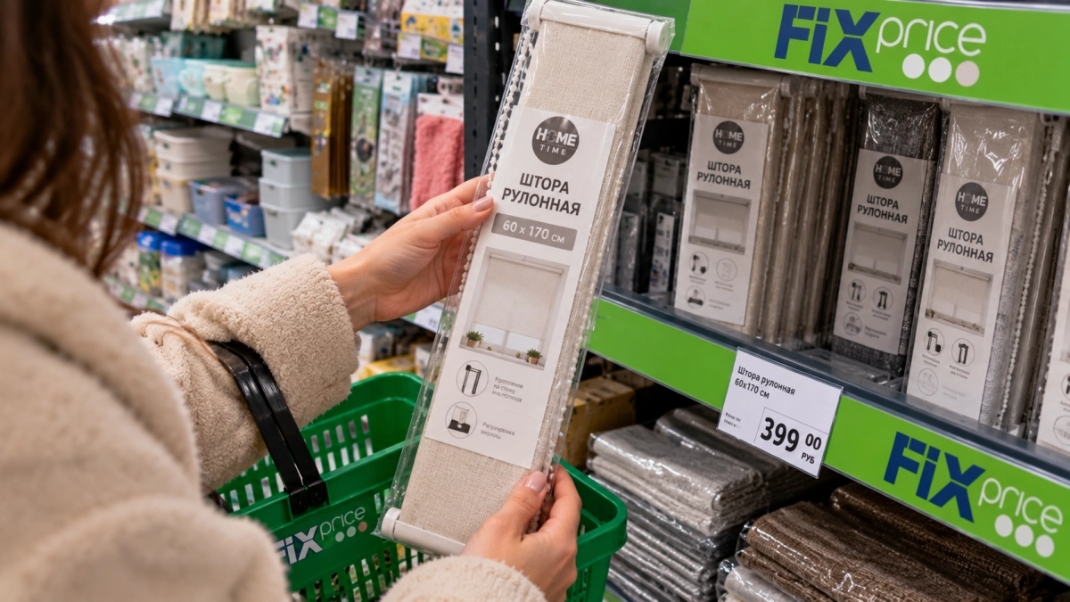 Рулонную штору из Fix Price вешаю не на окно: открытый стеллаж превращается почти в шкаф