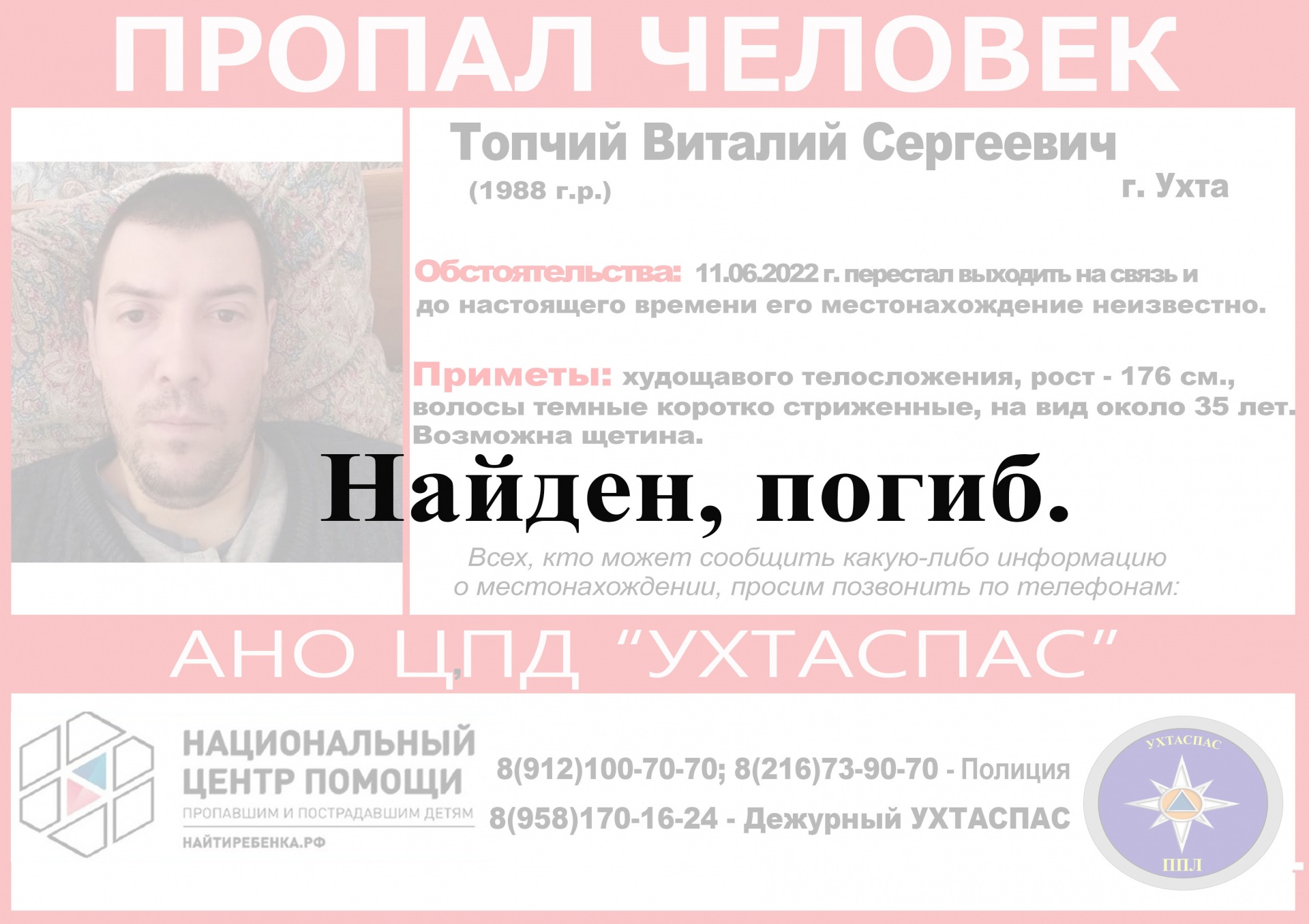 Житель Коми, который пропал 11 июня, найден погибшим